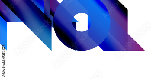 Abstract design features overlapping blue, purple gradients. Lettering suggests NOI with dynamic shapes, modern aesthetic. Minimalist composition.