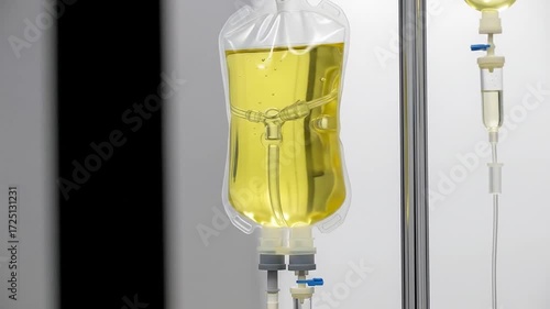 Closeup IV infusion bag with yellow medical solution hanging on pole.