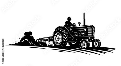 Powerful vintage farm tractor plowing fertile soil, driven by a dedicated farmer cultivating the land with determination