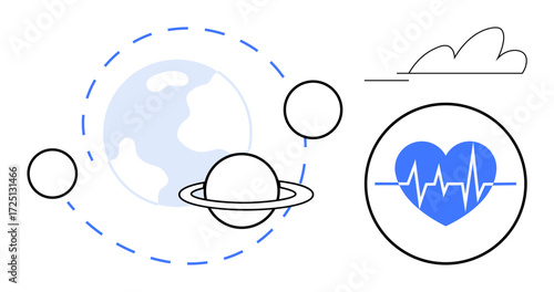 Earth with orbiting planets and a heartbeat within a heart design highlights global health, interconnectedness, care, growth, innovation, sustainability, and universal balance. Ideal for wellness