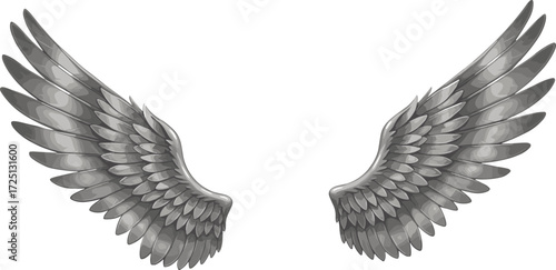 Angel wings illustration, metallic feather artwork, symmetrical wing design, fantasy concept drawing, black and white art, freedom symbol, spiritual ascension graphic, decorative tattoo style