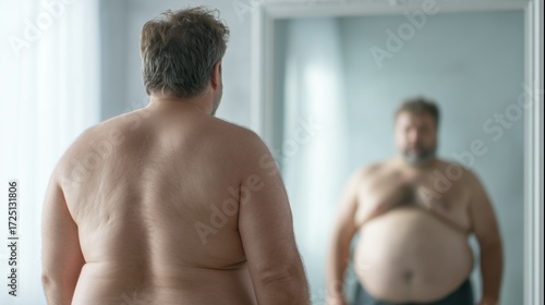 A middle-aged Caucasian man stands in front of a mirror, observing his reflection. He has short brown hair and a stocky build, with visible body weight.
