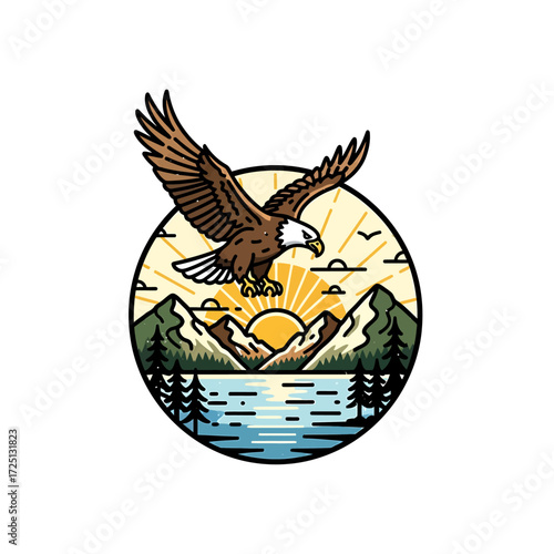 Majestic Eagle Soaring Over Mountain Lake at Sunrise
