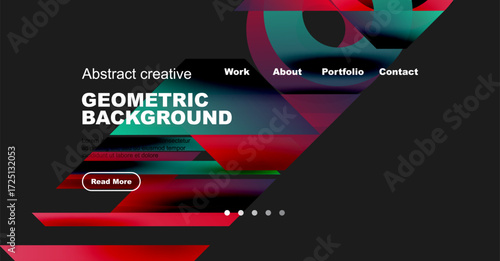 Website mockup displays geometric design. Dark background contrasts vibrant shapes, text elements, navigation options. Modern aesthetic.