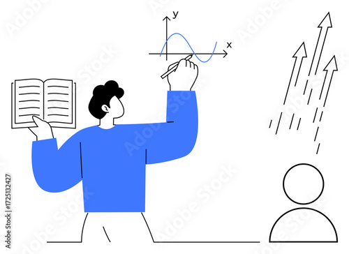 Person holding an open book, drawing a graph on a board, arrows signifying growth, and a student figure. Ideal for education, teaching, progress, learning, analysis growth and self-improvement