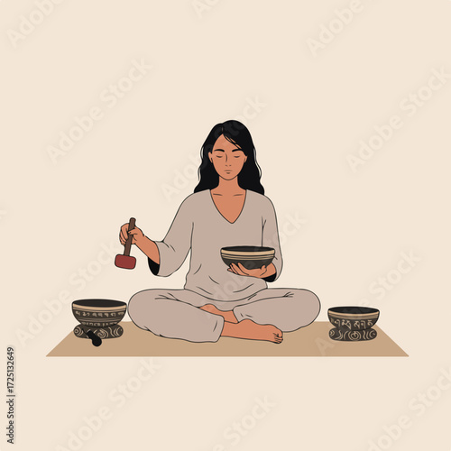 Meditating woman in lotus position with singing bowls and mallet on a mat