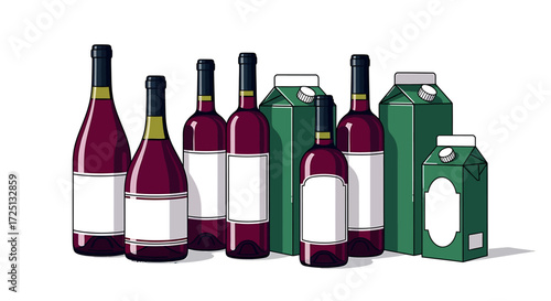 Assortment of diverse beverage containers, including elegant red wine bottles and green cartons