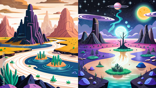 Extraterrestrial planet landscape vector with glowing river, neon rocks, alien vegetation, dark cosmic sky, futuristic surreal environment illustration