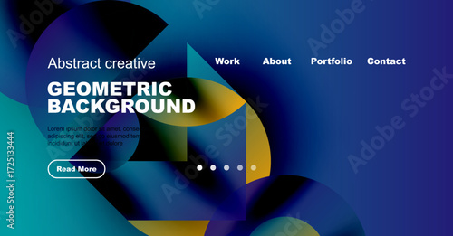 Abstract website design features vibrant blue, purple gradients. Text highlights geometric background, includes navigation options, read more button.