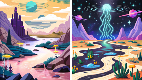 Extraterrestrial planet landscape vector with glowing river, neon rocks, alien vegetation, dark cosmic sky, futuristic surreal environment illustration