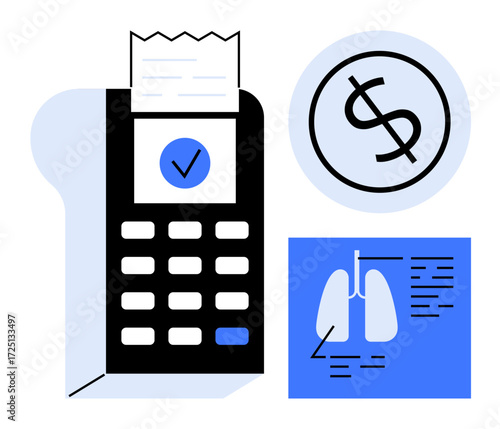 Payment terminal with receipt, lung X-ray prescription, and dollar sign highlight healthcare billing, diagnostics, transactions, insurance processing. Ideal for finance, medicine, insurance claims