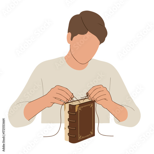 A person is carefully sewing a detailed leather-bound book