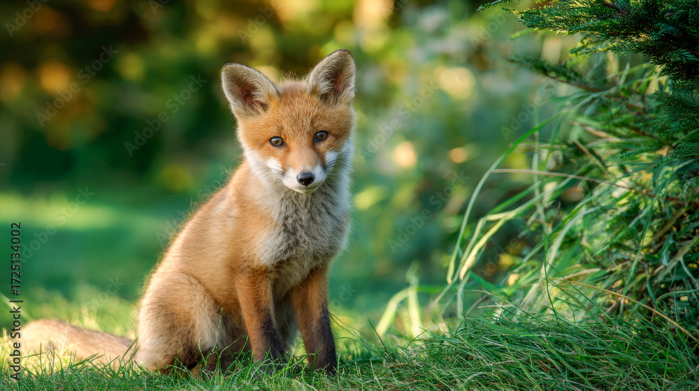 Fototapeta premium Curious young fox sitting in a lush green meadow during a sunny afternoon
