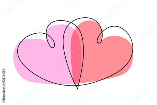 Two hearts, a continuous closed line drawing. Silhouettes. A state of being in love. Valentine's Day concept. A pair of hearts, a trendy minimalist illustration. Colors: black, white, pink. Vector.