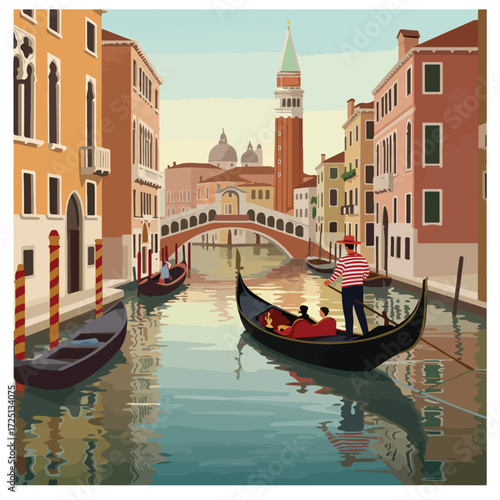 Gondolas glide on a Venice canal between old buildings, below a bridge and tower