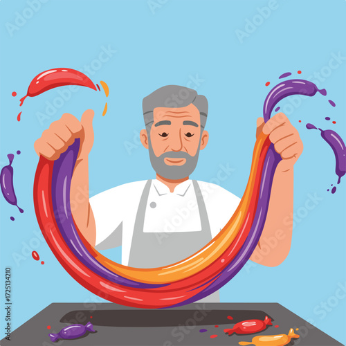 Confectioner stretches colorful candy rope against a light blue background