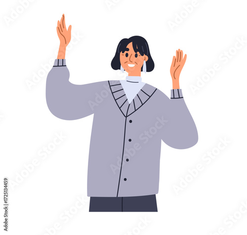 Excited mature woman with arms up, joyful smile. Happy emotional female exulting, rejoicing. Admiration, excitement and cheerful expression. Flat vector illustration isolated on white background.