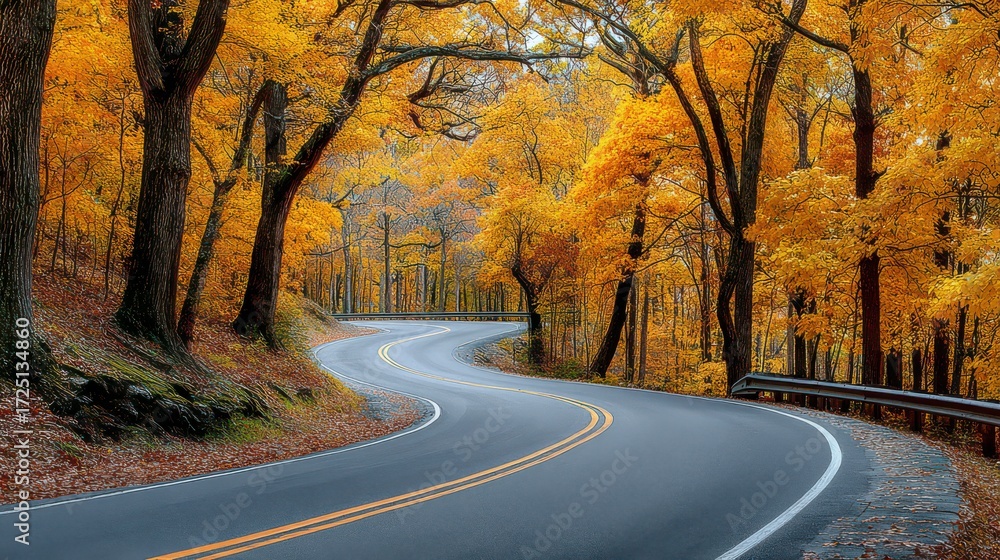 Obraz premium Road through Autumn: An winding road meanders through a vibrant forest awash in the golden hues of autumn, inviting exploration and travel.