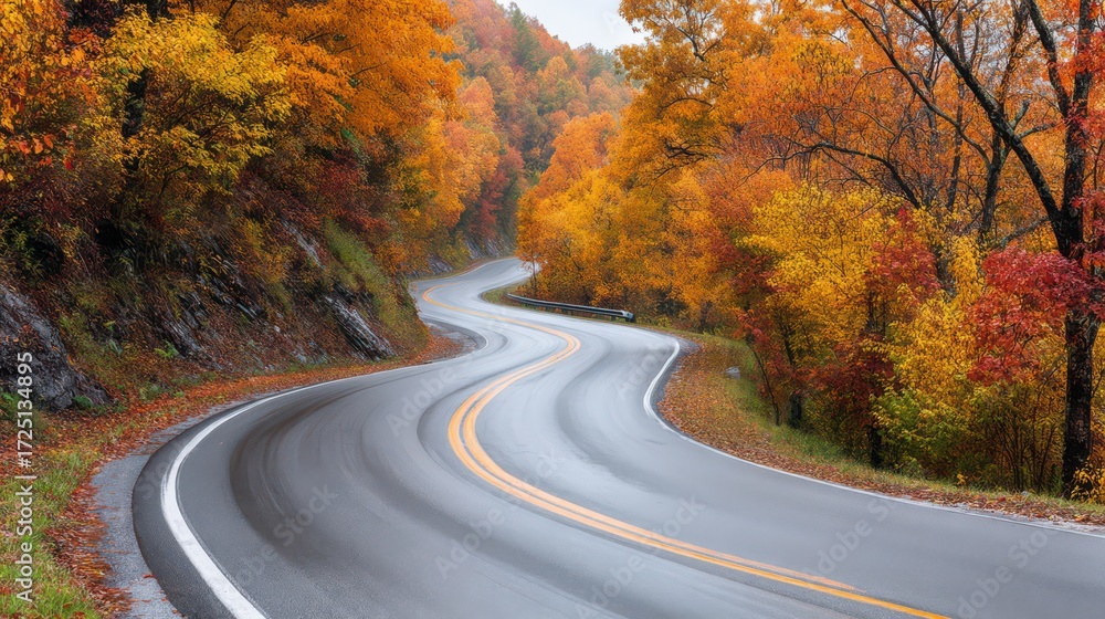 Naklejka premium Autumn Drive: A winding road carves through a forest bursting with vibrant autumn colors, offering a scenic drive immersed in the beauty of nature.