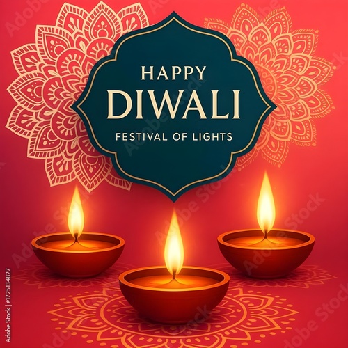 Wallpaper Mural Diwali festival of lights holiday design with paper cut style of Indian Rangoli and diya - oil lamp Torontodigital.ca