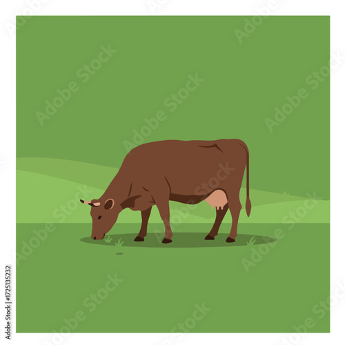Brown cow grazing in a green field, graphic illustration in flat colors