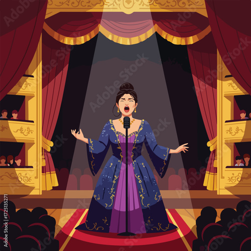 Soprano sings opera on a stage, spotlight shining, audience watching from boxes