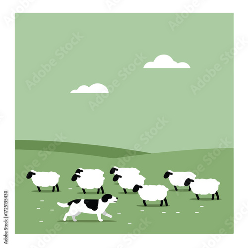 Graphic scene shows sheep grazing with a herding dog in a green pasture