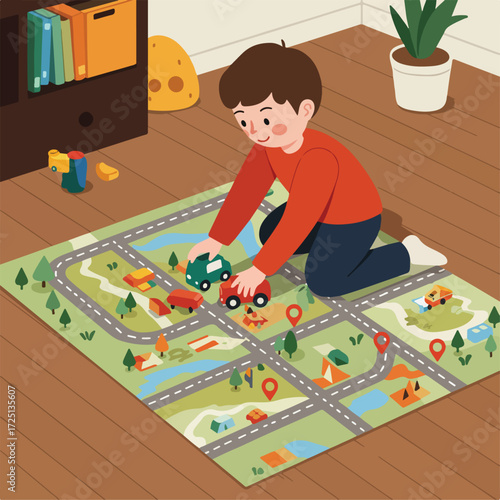 Young boy plays with toy cars on a cityscape rug in a room