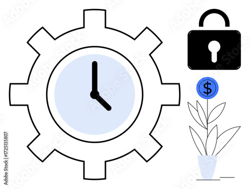 Gear with clock symbolizing time, dollar plant for growth and investment, padlock representing security. Ideal for finance, management, productivity, savings, business strategy, financial planning
