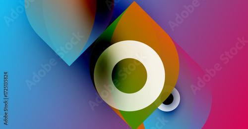 Abstract colorful shapes overlap, creating dynamic visual effect. White circle dominates center, blending hues. Modern design.