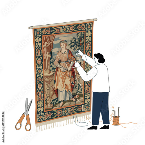 Repairing a classic tapestry showing a maiden scene