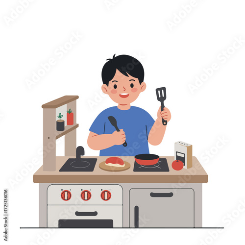 Young boy pretends to cook on a toy kitchen with spatula and spoon