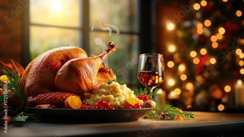 Festive holiday dinner with roasted turkey and sides