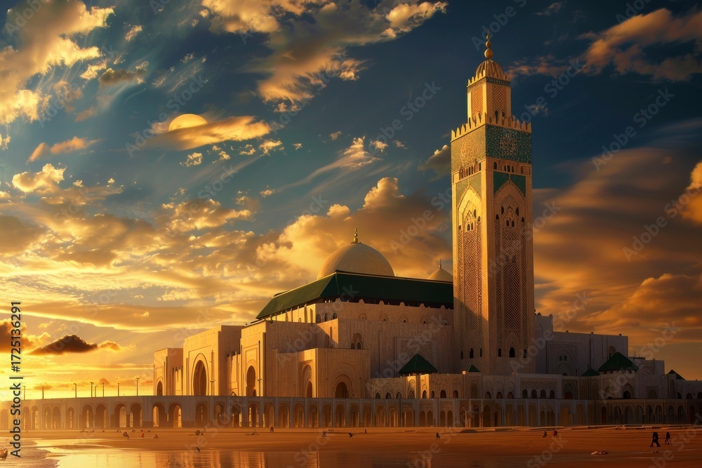 Fototapeta premium The hassan ii mosque stands majestically against a vibrant sunset sky in casablanca, morocco