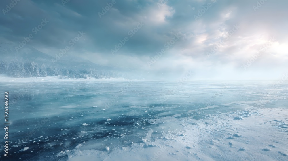 Fototapeta premium A vast frozen lake stretches towards a snow covered shoreline under a dramatic cloudy winter sky