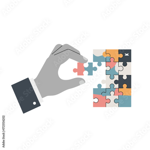 Grey hand placing puzzle piece into completed, colorful puzzle