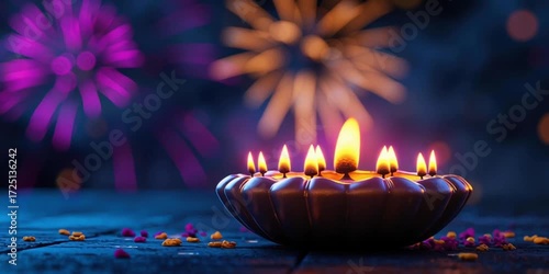 Vibrant Diwali celebration with illuminated oil lamps and fireworks