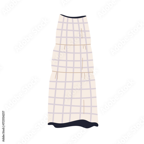Long checkered skirt. Maxi-length flowy clothing, women apparel in modern trendy style with grid pattern. Feminine wear, fashion female outfit. Flat vector illustration isolated on white background.