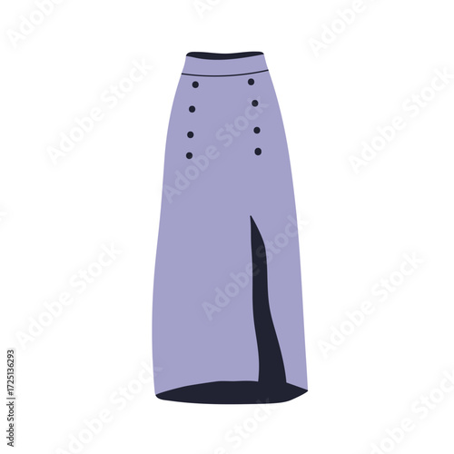 Long skirt with decorative buttons and front slit. Stylish modern garment, fashion women clothing. Elegant feminine apparel, trendy style wear. Flat vector illustration isolated on white background.