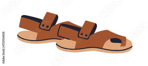Summer sandals with toe loop, strap. Open shoes pair, women footwear in side view, modern design. Casual foot wear in fashion trendy style. Flat vector illustration isolated on white background.