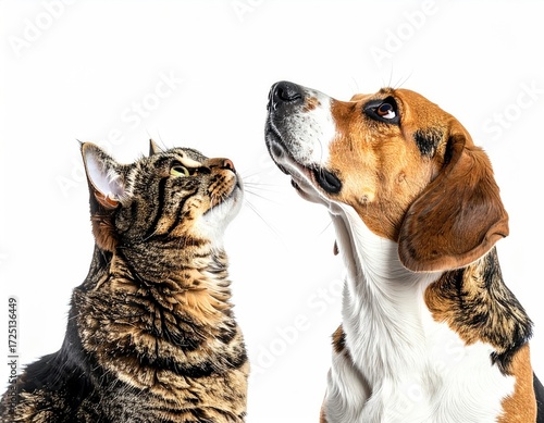 Close-up of a cat and a dog looking upwards