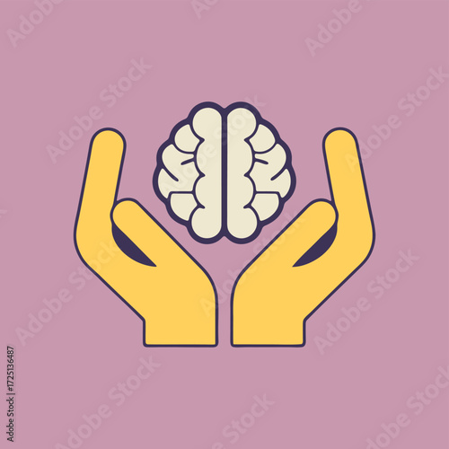 Brain Hands Care For Mental Health Psychology Icon Wellness Mind Support Concept