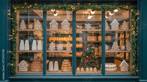 Capture the magic of the season with a stunning Christmas bakery window display featuring gingerbread houses, festive treats, and a decorated tree