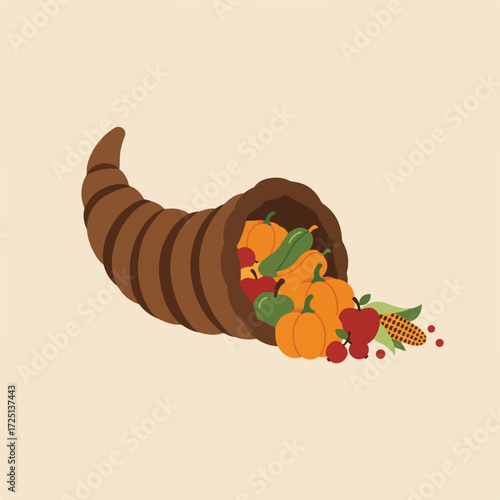 Horn of plenty overflowing with autumn harvest, vector graphic