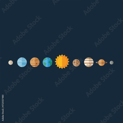 Solar system planets in a line, flat design on a dark blue background