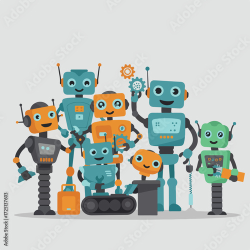 Cute, colorful robots stand together with smiles on a grey background