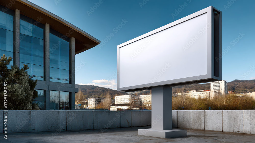 Obraz premium Blank outdoor billboard on modern building rooftop with clear blue sky and cityscape background