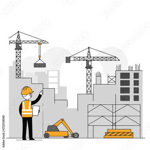 Construction supervisor at a building site with cranes and equipment