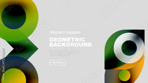 Abstract geometric shapes, vibrant colors, modern design. Background features gradients, curves, text elements. Minimalist aesthetic.