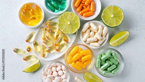 A vibrant overhead view of various vitamin supplements and citrus fruits, including limes and lemons, on a white surface